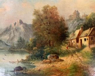 KITTIE MORRIS Signed Oil Painting,Cottages by Lake