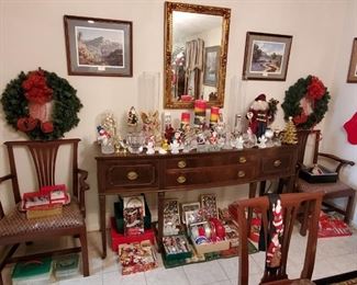 VINTAGE MAHOGANY SERVER with 2 of the dining table chairs...MORE CHRISTMAS ORNAMENTS