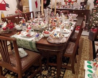 VINTAGE MAHOGANY DINING TABLE with 3 LEAVES & 8 CHAIRS filled with Christmas Ornaments