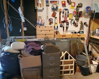 GORILLA LADDER & TOOLS, FILE CABINET, MISC.