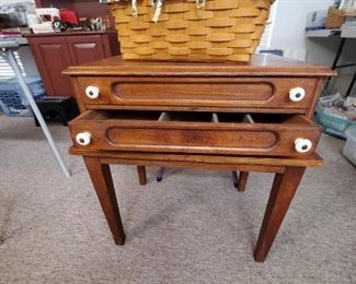 ANTIQUE OAK 2-DRAWER SPOOL SEWING CABINET