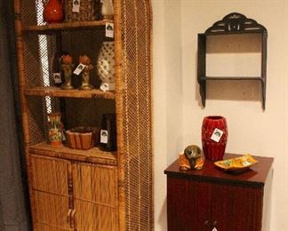 Wicker shelf and record holder cabinet. 