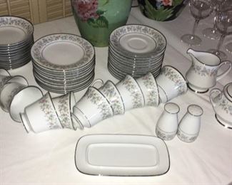 Noritake "Blythe" china: sugar/creamer, salt/pepper, butter dish, 11 berry bowls, 12 bread & butter plates, 12 cups, 12 saucers