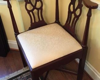 Unique mahogany corner chair with damask upholstered seat