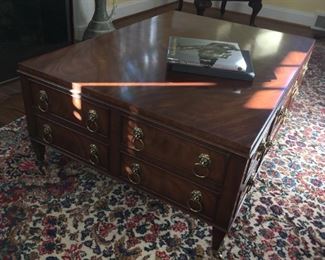 Solid wood coffee table with drawers, 45" x 32". by premier furniture crafters E.J. Victor.