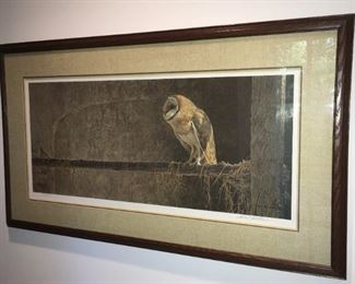Owl on branch, 1988; Ltd. Ed. (1382/2000) print with original signature by Robert Bateman (Canada, b. 1930) 