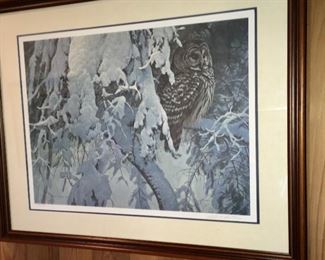 "Owl on Tree with Snow," 1984. Ltd. Ed. print (759/950) with original signature by Robert Bateman (Canada, b. 1930) 