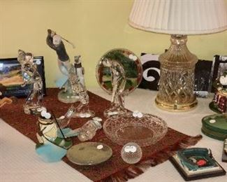 Baccarat and Waterford crystal golf memorabilia. Baccarat putting man, golfer swinging club. Waterford golfer swinging club, driver, golf ball, golf bag. Lladro Daisa Spain golfer. Signed decorative glass tray. Models of Sportsman Park,  1966-2005 Busch Stadium final season, 2006 Busch Stadium.