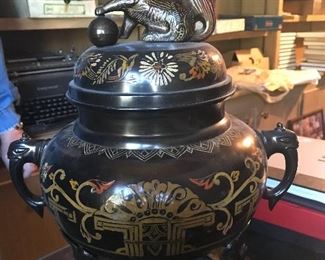 Amazing antique enameled bronze foo dog lamp...LARGE