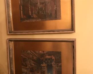 Fabulous MCM hand tinted engravings in gold leaf and mirror frames
Four available