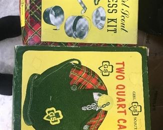 Highly collectible Girl Scout camping accessories. Unused in box. Vintage Girl Scout uniforms!!!!