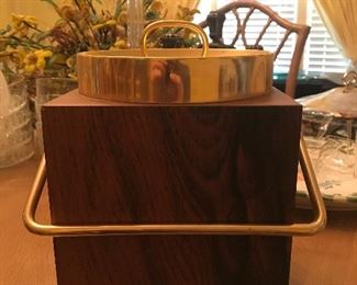 Danish modern Italian walnut and brass ice bucket with glass liner