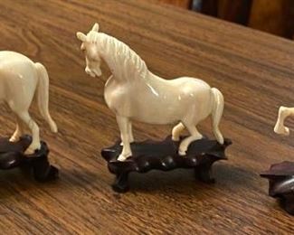 Set of 3 ivory mounted horses on carved wooden bases...circa 1910