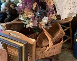 Baskets, floral, frames, vintage linens.