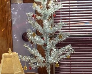 Silver tinsel Christmas tree.