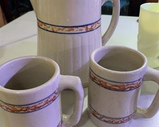 Red Wing Stoneware, rare “sponge band grey line” 1930’s. 2 mugs and pitcher. No advertisement.