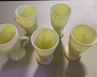Rare “Bottoms Down” Ale Mugs, by McKee Seville 1930’s. Yellow depression glass. Nudes Set of 5 model# 77725.