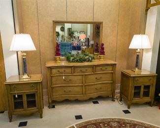 Dresser, 2 nightstands, lamps, large area rug