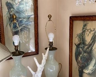Pair of Opaline lamps originally $1100 for the pair,  $460 as found - one slight repair done by Kusak- almost impossible to find.  Each is 29" h