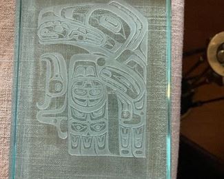 Etched glass with Native American totem $80