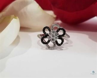 Black and White Diamond Flower 14K White Gold Ring