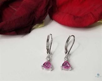 14K White Gold Triangle Cut Pink Sapphire and Diamond Earrings