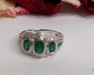 Vintage Style Emerald and Diamond .925 Silver Ring