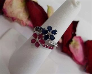 Hot Pink Ruby and Blue Sapphire .925 Silver Flower Ring