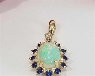 Ethiopian Opal, Blue Sapphire and Diamond 18K Yellow Gold Pendant