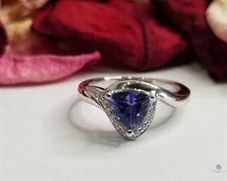 Trillion Cut Tanzanite and Diamond .925 Silver Ring