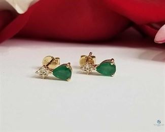 14K Yellow Gold Pear Shaped Emerald and Diamond Earrings