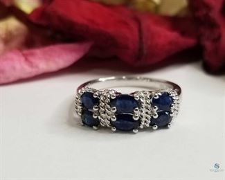 Blue Sapphire and Diamond .925 Silver Band