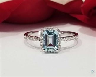 Emerald Cut Aquamarine and Diamond 14K White Gold Ring