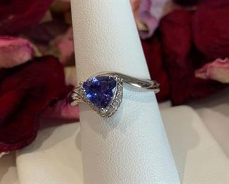 .925 Silver Trillion Cut Tanzanite and Diamond Ring
