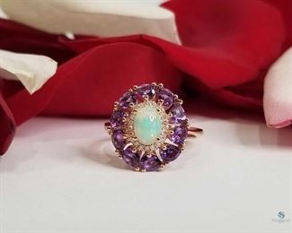 Victorian Style Opal, Amethyst and Diamond 14K Rose Gold Ring
