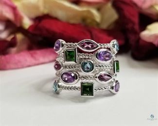 .925 Silver Amethyst and Multi Gemstone Ring