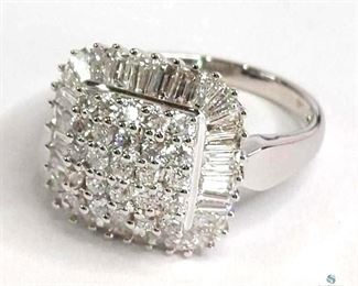14K White Gold Multi Brilliant and Baguette Cut Diamond Ring