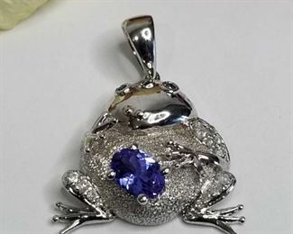 .925 Silver Frog Tanzanite, Blue Sapphire and Diamond Pendant