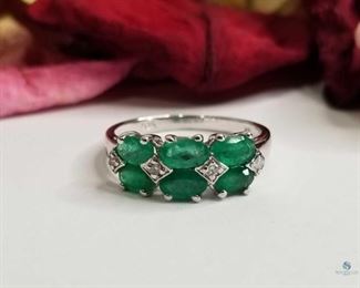 Emerald and Diamond .925 Silver Ring