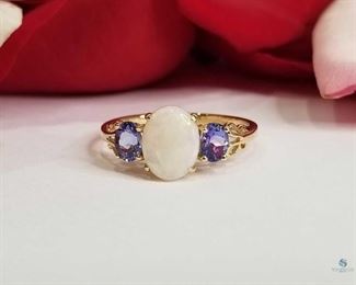 Australian Opal and Tanzanite in 14K Yellow Gold Vintage Style Ring