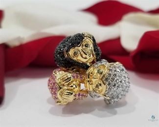 "See No Evil, Hear No Evil, Speak No Evil" Monkey Multi-Gemstone .925 Silver Ring