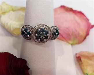 .925 Silver Blue 1 and Diamond Tri-Circle Design Ring