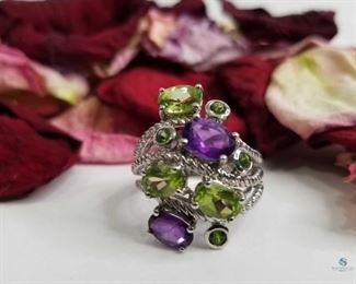 Whimsical Amethyst and Peridot .925 Silver Ring