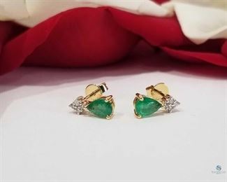 14K Yellow Gold Pear Shaped Emerald and Diamond Earrings