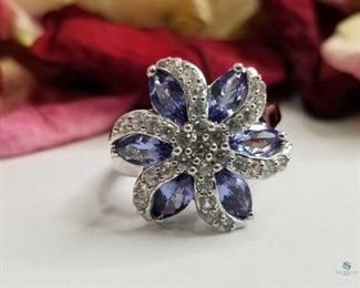 .925 Silver Tanzanite and White Zircon Flower Style Ring