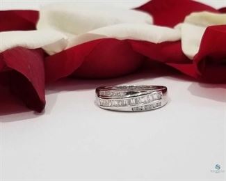 Ladies Multi Brilliant and Baguette Cut Diamond 18K White Gold Band