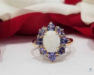 Vintage Style 14K Yellow Gold Australian Opal and Tanzanite Ring