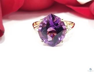14K Yellow Gold Marquise Cut Amethyst and Diamond Ring