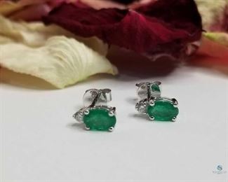 14K White Gold Oval Shaped Emerald and Diamond Earrings