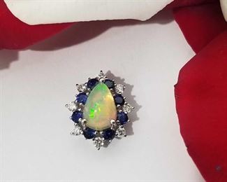 14K White Gold Ethiopian Opal, Blue Sapphire and Diamond Pendant